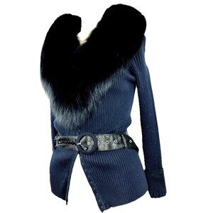 M Vintage Boston Proper Y2k  Ribbed Fox Fur Collar Cardigan Jacket Midnight Blue